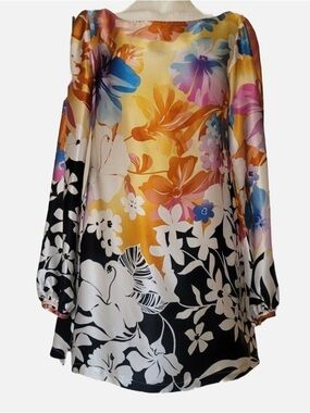 Vintage Cache Multicolor Floral Silk Tunic in Yellow, Black & Blue